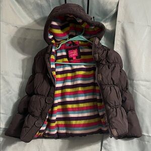 The Children's Place Brown Hooded Puffer Jacket with Striped Lining